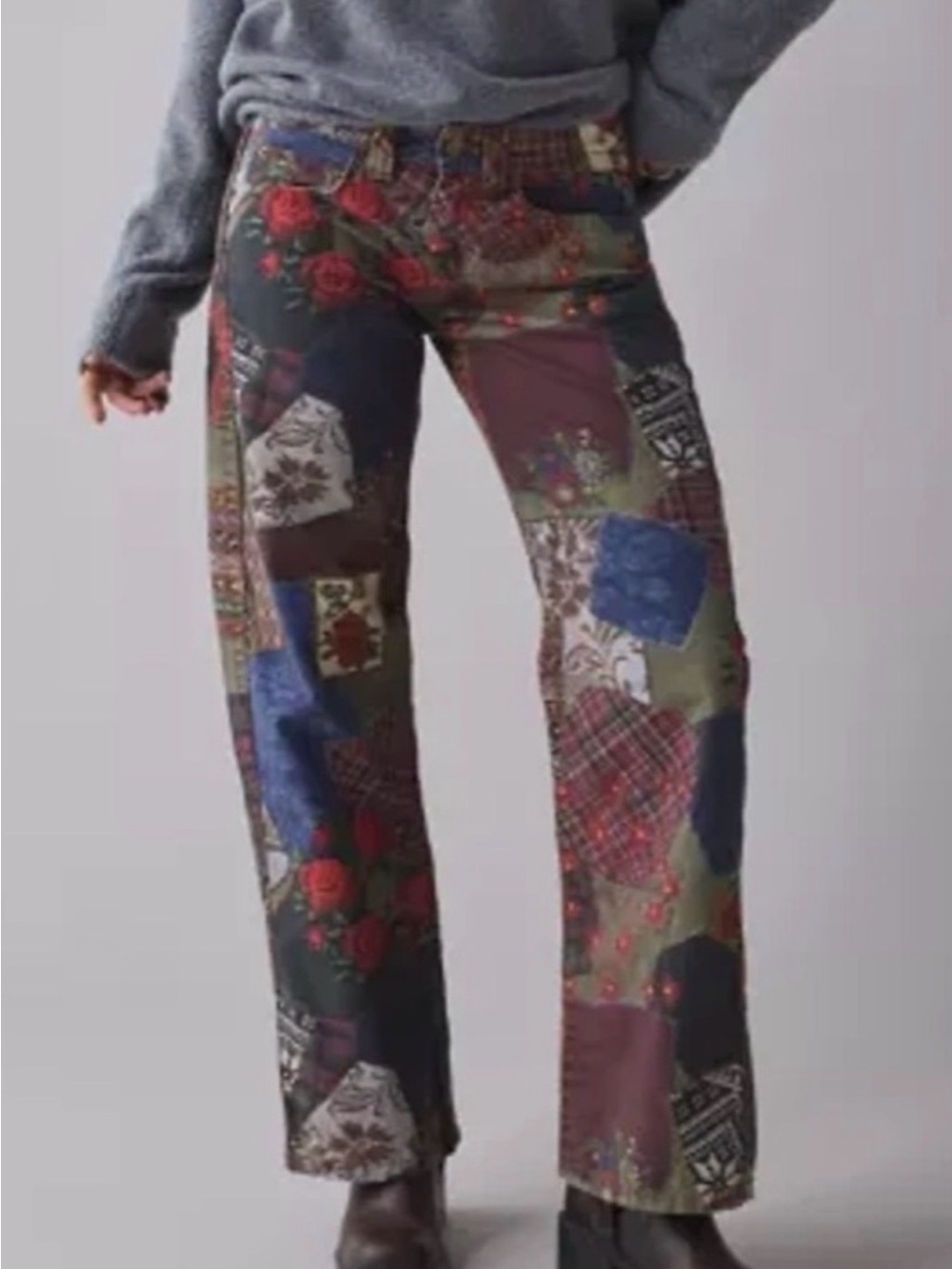 BDG Mixed-Print Patchwork Straight Pants in Olive, Red & Blue - Size 25
